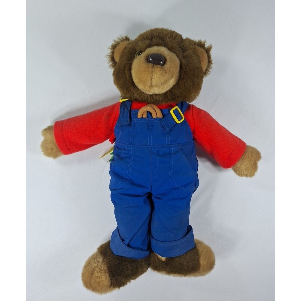 Vintage JS International Plush Teddy Bear Blue Overalls Red Shirt 14" Stuffed